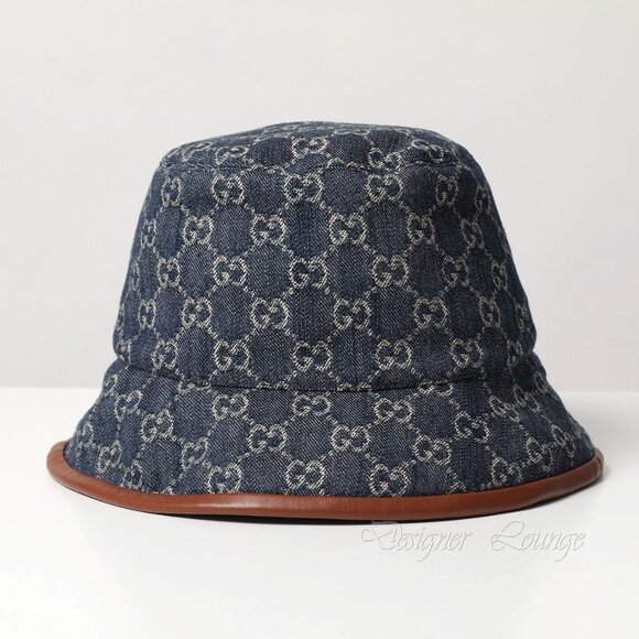 NEW GUCCI GG Monogram Denim Leather Trim Bucket Hat Size M / 58 cm - Picture 4 of 10